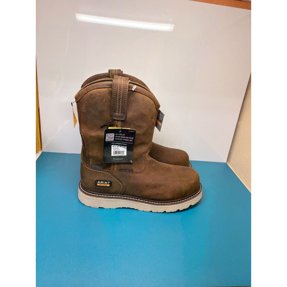 Ariat Mens 8.5EE Rebar Wedge Pull On H2O Comp Toe Work Boots Brown 10053613